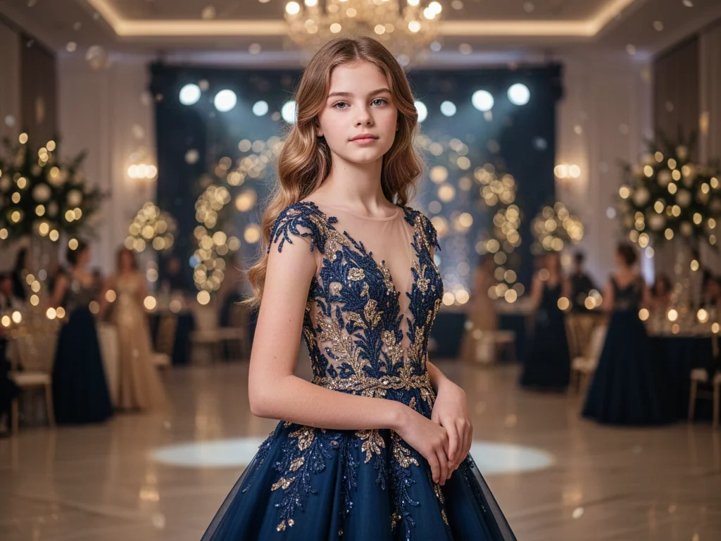 Nastolatka w eleganckiej sukni wieczorowej pozująca w sali balowej z nastrojowym oświetleniem.
