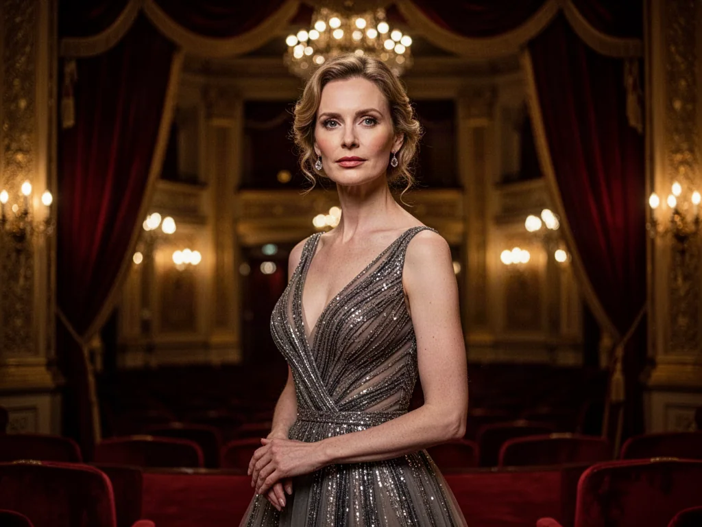 Elegancka kobieta w wieczorowej sukni w luksusowym foyer teatru, ilustrująca stylizację odpowiednią na wizytę w Teatrze Sabat.