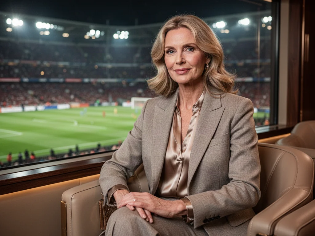 Elegancka kobieta w stylu smart-casual siedząca w loży VIP na stadionie, z rozmytą murawą w tle.