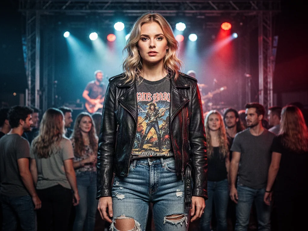Kobieta w skórzanej kurtce i koszulce z zespołem na tle koncertowej sceny, prezentująca stylizację na koncert rockowy.