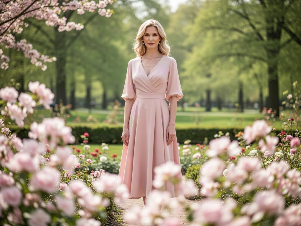 Elegancka kobieta w pastelowej sukience midi w słonecznym ogrodzie, idealna propozycja stylizacji na komunię.