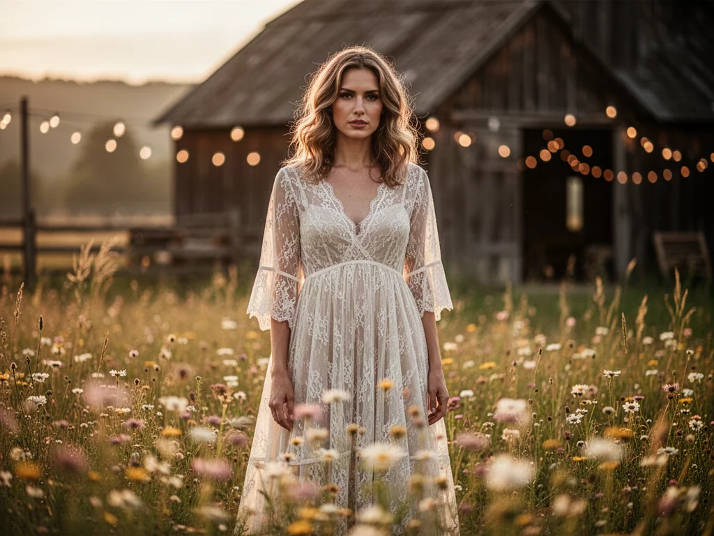 Kobieta w koronkowej sukni boho pozuje na łące w świetle zachodzącego słońca, prezentując stylizację idealną na wesele.
