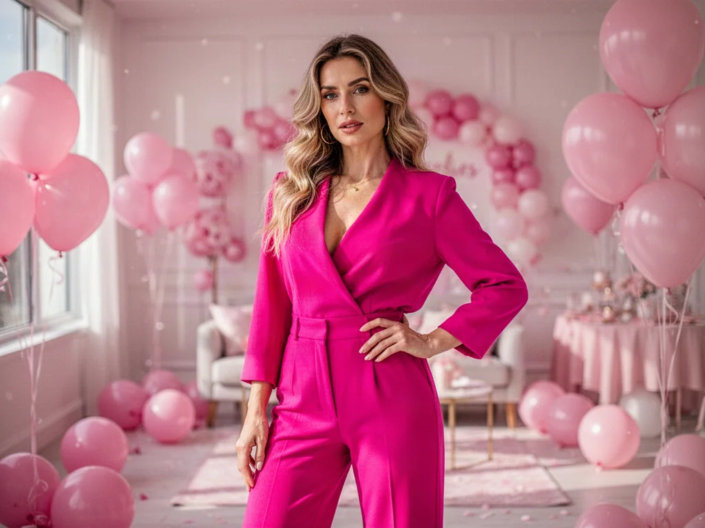 Kobieta w intensywnie różowej stylizacji pozująca w nowoczesnym wnętrzu udekorowanym balonami w stylu Barbie.