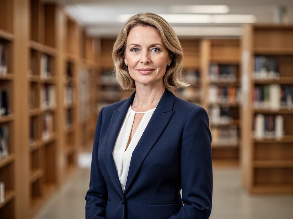 Kobieta w eleganckiej granatowej marynarce i białej bluzce na tle biblioteki, prezentująca profesjonalny strój na obronę.