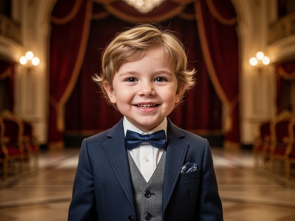 Elegancko ubrane dziecko uśmiecha się w foyer teatru, prezentując odpowiedni strój na uroczyste wyjście.